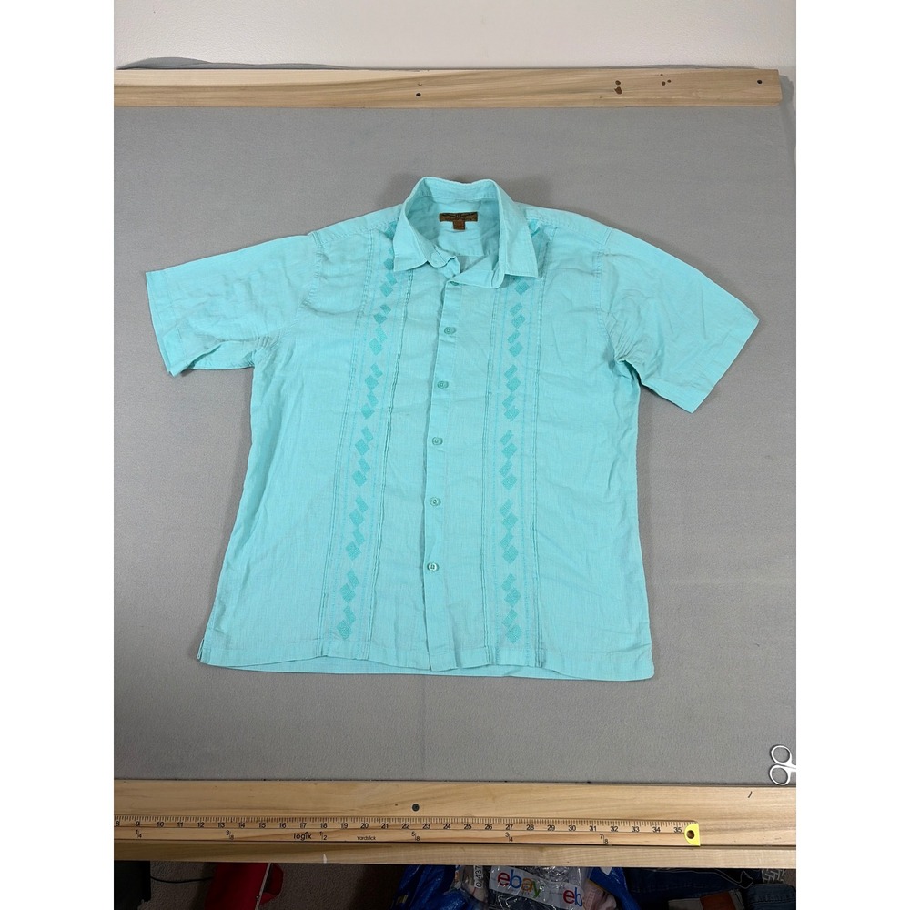 Mondo Uomo Mens XL Guayabera Shirt‎ Teal Blue Linen Blend Embroider Short Sleeve